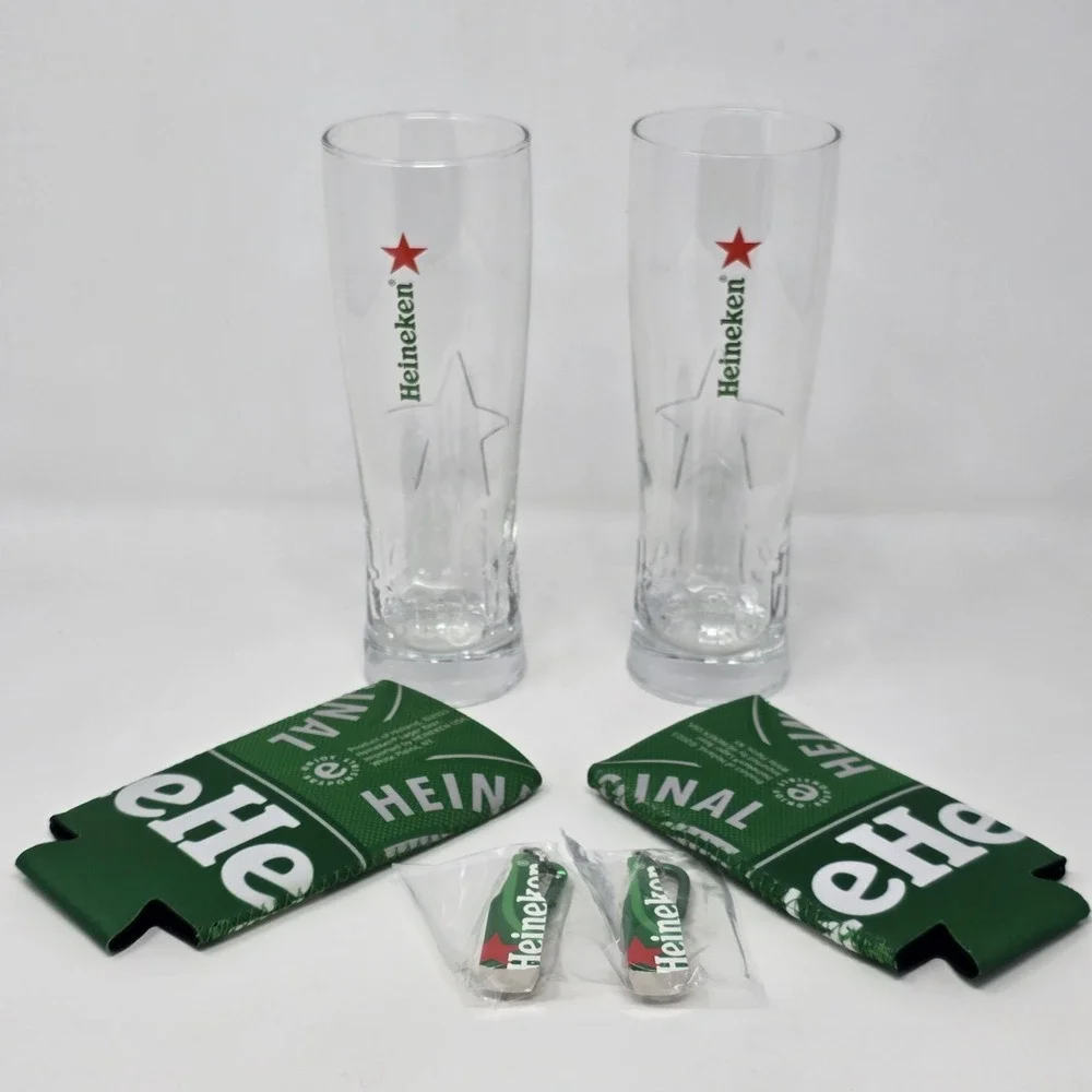 Heineken Logo Pilsner Beer Glasses Set 2 W Koozies & Bottle Opener Keychains‎